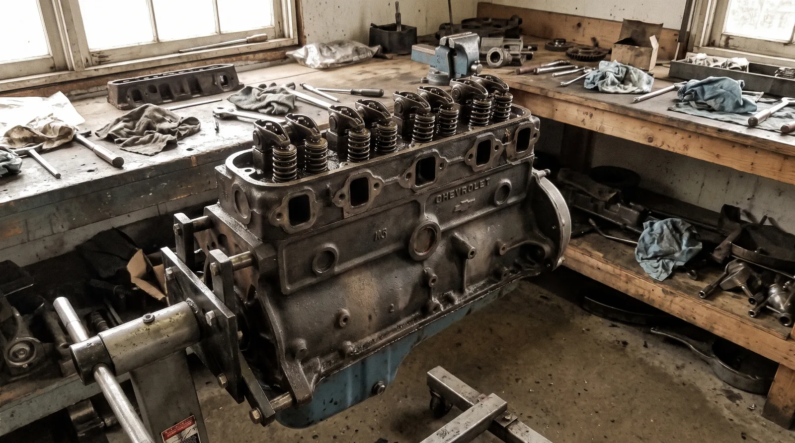 Connecting rod and crankshaft journal of a Chevrolet 216 six being measured with a micrometer on a workbench