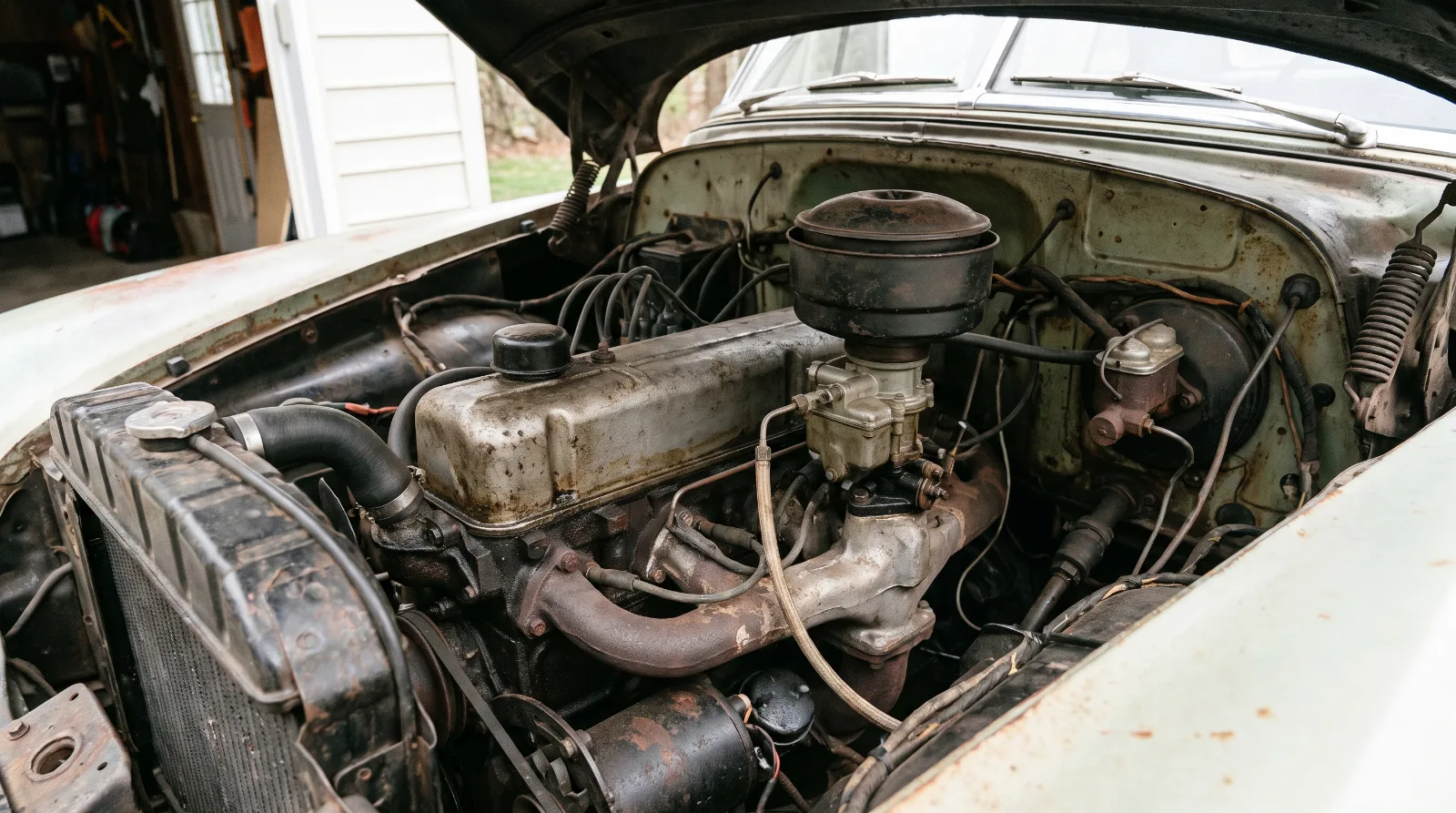 Chevrolet 216 cubic inch Stovebolt six in the engine bay of an early 1950s car, valve cover and manifolds visible