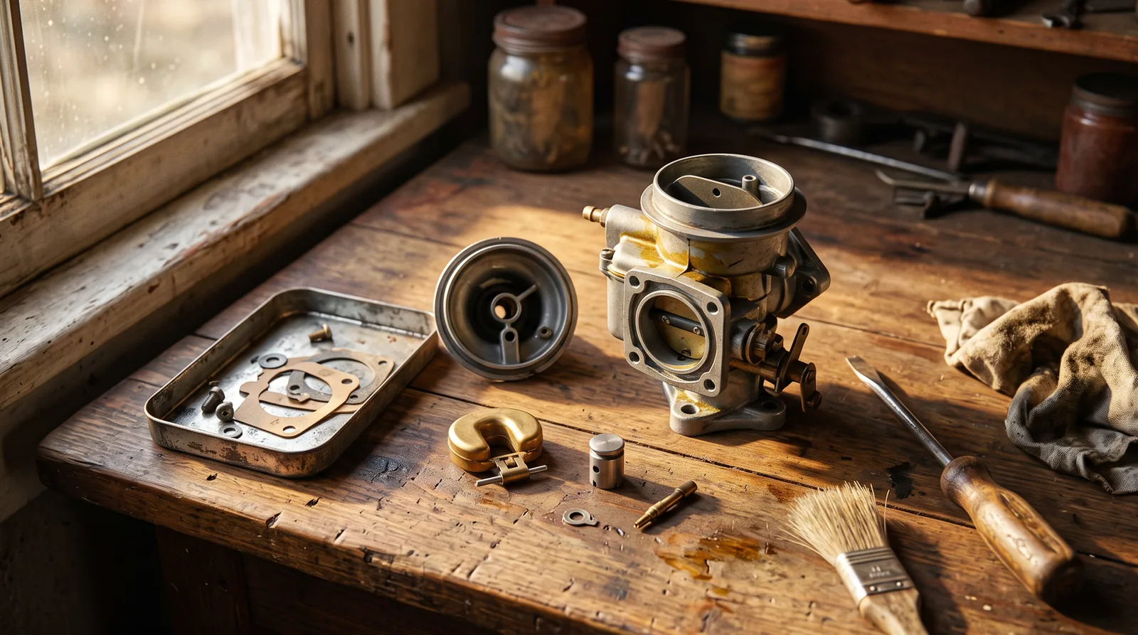 Rochester B one-barrel carburetor — stripped on a sunlit workbench