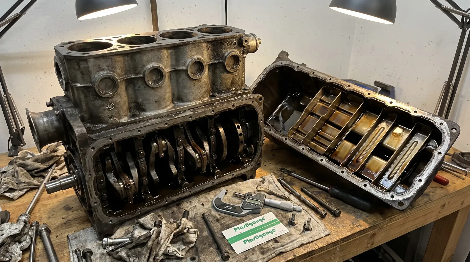 Vintage inline six partly disassembled on a bench with the oil pan removed showing the internal troughs