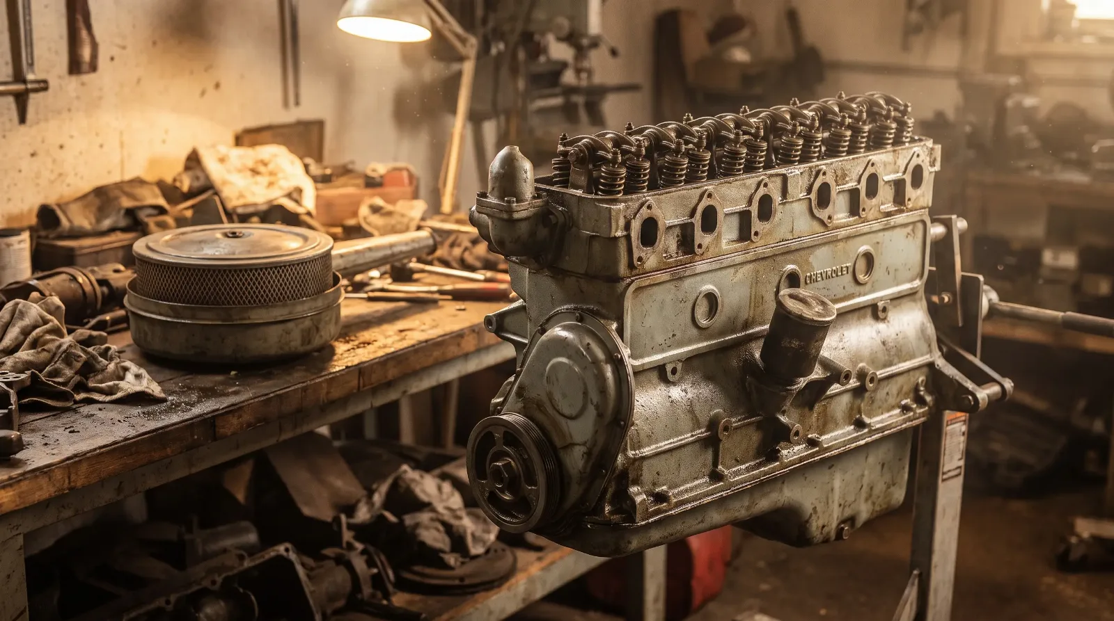 Vintage Chevrolet inline six on an engine stand with the rocker cover removed showing the valve train
